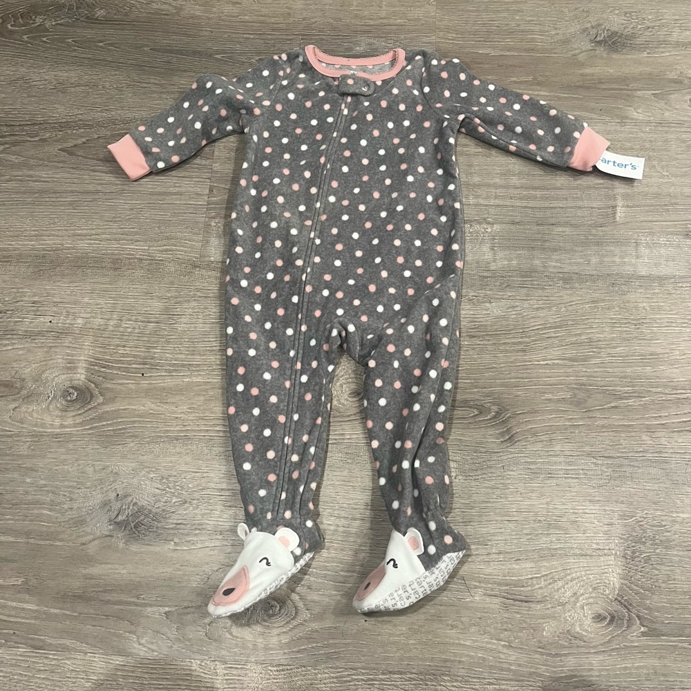 Carter’s Fleece Footie Zipper Pajamas, Pink and Gray Polka Dot Size 18M
